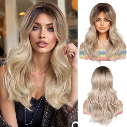 Longue Perruque Blond Cendré Ombré avec Franges Rideaux Perruques Ondulées Naturelles pour Femmes Résistantes à La Chaleur